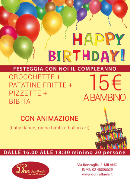 Menù festa bimbi con animazione a Milano da Don Raffaele